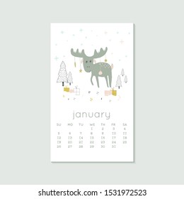 Cute design for calendar 2020, winter months with animals, deer, tree. Week starts on Sunday. Vertical editable calender page template can be used for web, banner, poster and printable graphic
