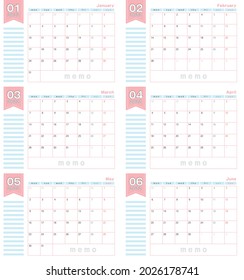 Cute Design Calendar Template For January-June 2022 Year.