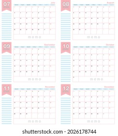 Cute Design Calendar Template For July To December 2022 Year.