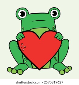 Cute design of a card representing love and cute feelings. Green frog holding a big red heart to share love. Cartoon style