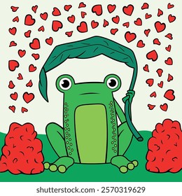 Cute design of a card representing love and cute feelings. Stylized green frog using a leave as umbrella to hide from love, red hearts are falling. Love ia in the air 