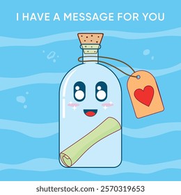 Cute design of a card representing love and cute feelings. Cartoon bottle with a love message. Love letter