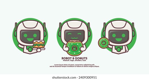 cute design cartoon robot with donuts. vector illustration with outline style