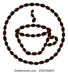 Diseño lindo de la taza de café en círculo hecho de granos de café asados. Hermoso diseño de logo para negocios de café.