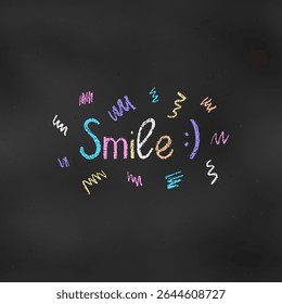 Design bonito Composição colorida da palavra "Smile" isolado no fundo de quadro-negro. Desenho desenhado de giz infantil. Textural Colorido Grunge Crayon Escrevendo em Blackboard.