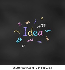 Cute Design Colorful Composition of Word "Idea" Isolated on Chalkboard Backdrop. Children's Chalk Drawn Sketch. Textural Colorful Grunge Crayon Writing on Blackboard.
