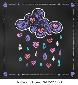 Cute Design Colorful Rain Cloud with Hearts Isolated on Chalkboard Backdrop. Children's Chalk Drawn Sketch. Textural Crayon Drawing of Romantic Rain for Children's Stuffs and Kid's Products.