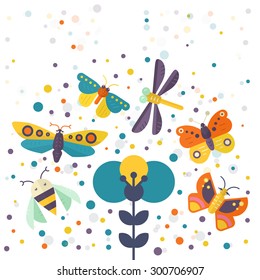 Cute design concept with insects and flowers for invitation or poster made in vector. Design element with butterflies.