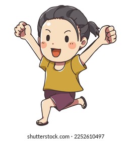 Dibujo de un elemento de diseño lindo, ilustración de dibujos animados de una pequeña niña de la frente ancha saltando bailando de carga. Imagen vectorial, caricatura de personajes para uso perfecto en camisetas, bolsas y otros medios impresos.