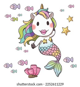 Cute design element cartoon, cartoon illustration of cute unicorn mermaid. Vector image, characters cartoon for perfect use on T Shirts, bags, and other printed media.