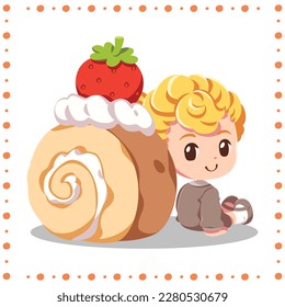 Cute design element cartoon, cartoon illustration of cute the girl sat with her back leaning on a large strawberry cake., Cartoon illustration for children, Vector image.