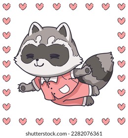 Caricatura de diseño, ilustración de dibujos animados de mapaches adorables usando pijamas flotando en un sueño, ilustración de dibujos animados para niños, imagen vectorial.