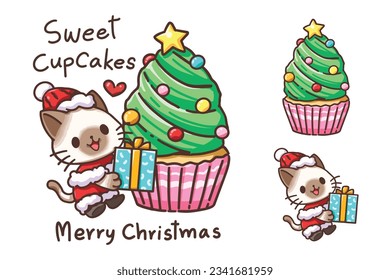 Cute design element cartoon, cartoon illustration of Cat santa with Cupcakes Christmas character elements, Cartoon illustration for children, Vector image.