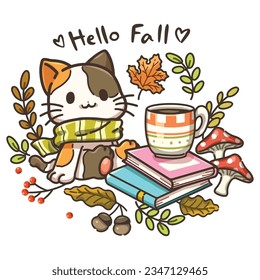Cute design element cartoon, cartoon illustration of three colored cats and a hot drink placed on top of the book, Character cartoon, Vector image.