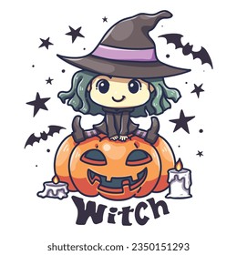 Cute design element cartoon, cartoon illustration of little witch sat on a big smiling pumpkin, Character cartoon, Vector image.