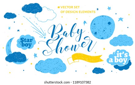 Cute design elements for baby shower invitation and party. Vector set. Star boy and space theme.
