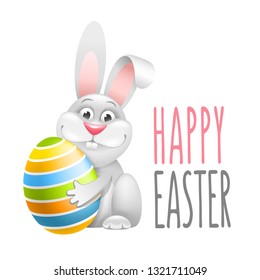 Cute design elements for Easter holidays. Funny bunny hold colored egg. Isolated on white background. Vector illustration.  