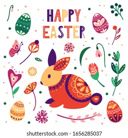 Cute design elements. Holiday background with bunny, egg, flowers, leaves. Childish vector illustration.