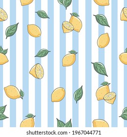 Cute design of fresh lemons and leaves on blue and white stripes. Vector seamless pattern of lemons and lines. Vector background for wallpaper, wrapping paper design textile and fabric texture prints 