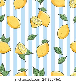 Lindo diseño de limones frescos y hojas en rayas azules y blancas. Vector patrón sin fisuras de limones y líneas. Vector de fondo para Fondo de pantalla, papel de envoltura de diseño textil y textura de tela estampados