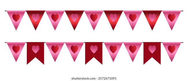 Cute design garland of flags. Valentines Day Festive Red pennants with hearts isolated on white background. Wedding, birthday, valentines day concepts. Perfect background For Poster. Flat style