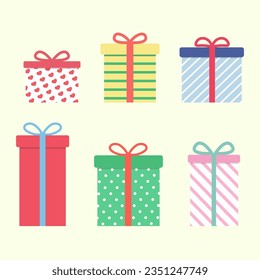 Cute design gift box set minimal style. Set of gift boxes with ribbon for Christmas, new year or any occasion. Gift boxes collection vector isolated on background.