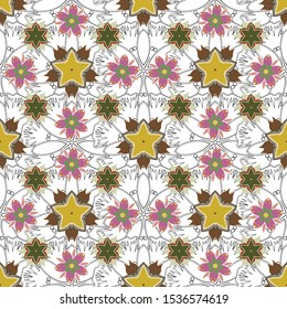Cute design in green, pink and white colors for stickers, labels, tags, gift wrapping paper and banner design. Vector flat flowers and leaves silhouette seamless pattern.