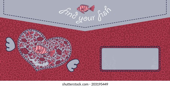 Cute design for greeting card or envelope with heart and fishes. 