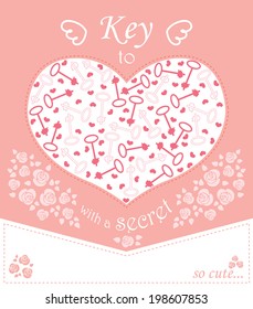 Cute design for greeting card with heart and roses keys.