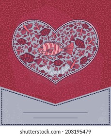 Cute design for greeting card with heart and fishes. 