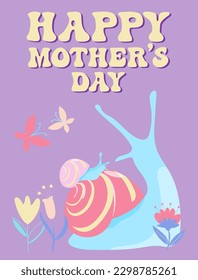 Cute design for greeting card for Mother's day. Hand drawn snails, flowers and butterflies in candy colors. 