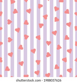 Cute design of  hearts on purple and white stripes. Vector seamless pattern of hearts and stripes. Vector background for wallpaper, wrapping paper design textile and fabric texture prints Love concept