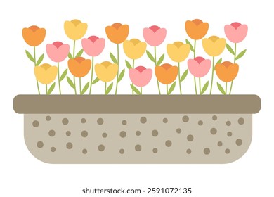 Cute design of a long flowerpot with colorful flowers, tulips in flat style. For decoration, for cards, for printing. Graphic element