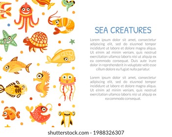 Cute Design with Marine Animal and Comic Underwater Creatures Vector Template