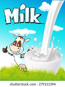 cute design with milk splash, cow and nature