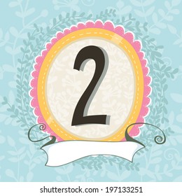 Cute design of number with floral wreath and ribbon banner. Can be used as creating card, invitation card for wedding,birthday and page of calendar. On of set. Two.