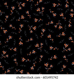 Cute design in orange colors for stickers, labels, tags, gift wrapping paper and banner design. Vector flat flowers and leaves silhouette seamless pattern over black backdrop.