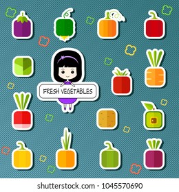 Cute design patches square vegetable icon set. Vector illustration with funny chibi girl, sign Fresh Vegetables and quadratic kid sticker symbol of onion, eggplant, cabbage, pepper and other plants.
