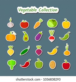 Cute design patches vegetable icon set. Vector illustration with sticker symbol of onion, eggplant, cabbage, pepper and other vegetables in fresh colors for kid healthy diet nutrition banner.