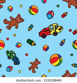 Cute design, pattern with children`s toys. Car, ball, teddy bear. Colored vector for card or gift.