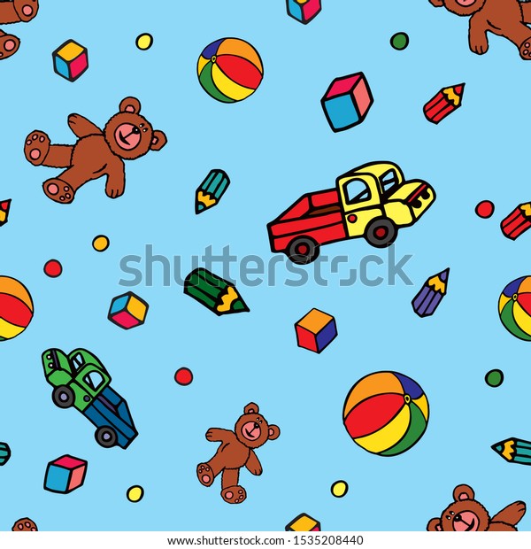 Cute design, pattern\
with children`s toys. Car, ball, teddy bear. Colored vector for\
card or gift.