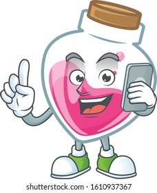 Cute design of pink potion speaking on the phone