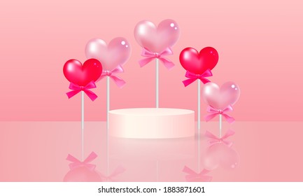 Cute design podium stage. Valentine's day promotion display product. Realistic 3d vector design.