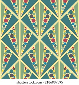 Cute design for printing on fabric. Seamless pattern with triangles and colouerfull dots. Scalable vector graphics. Repeating background. Seamless fabric texture print. Retro ornament