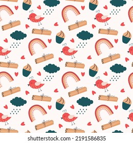 cute design with rainbow, cloud, birds, cupcakes and cinnamon