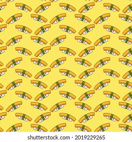 Cute Design Sushi Seamless Pattern, Japanese Food Background Vector Illustration. Kawai Nigiri. Tamago Nigiri, Egg Sushi.