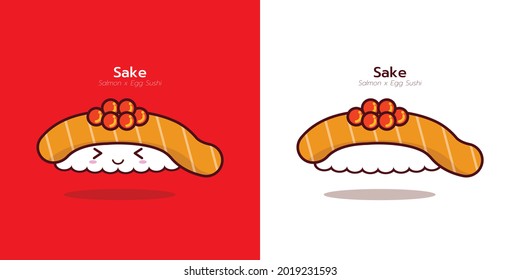 Cute Design Sushi Seamless Pattern, Japanese Food Background Vector Illustration. Kawai Nigiri. Salmon with Ikura Sushi, Sake Ikura Nigiri 