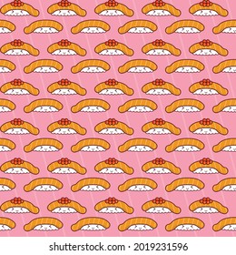 Diseño Cuto Sushi Patrón Sin Maravilla, Ilustración Vector De Fondo De Comida Japonesa. Kawai Nigiri. Salmón con Ikura Sushi, Sake Ikura Nigiri 