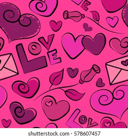 Cute design template for holiday and wedding card, wallpaper on a pink background. Vector Valentine design. Vector illustration. Colorful hearts, rose flower and love text seamless pattern.