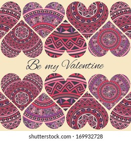 Cute design template with seamless pattern of pink purple ethnic hearts isolated on white background.Vector illustration. Decorative elements for cards, gifts, crafts on st. Valentines day